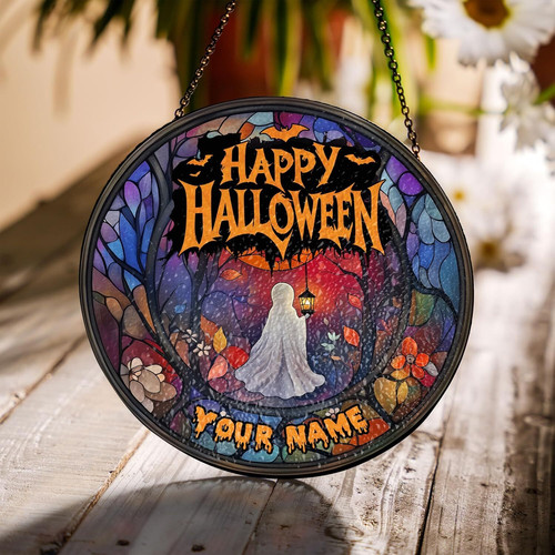 Ghost-themed Halloween bat stained glass suncatcher, customizable window hanging decor with spooky ghost-and-bat design. | Familywalldecor