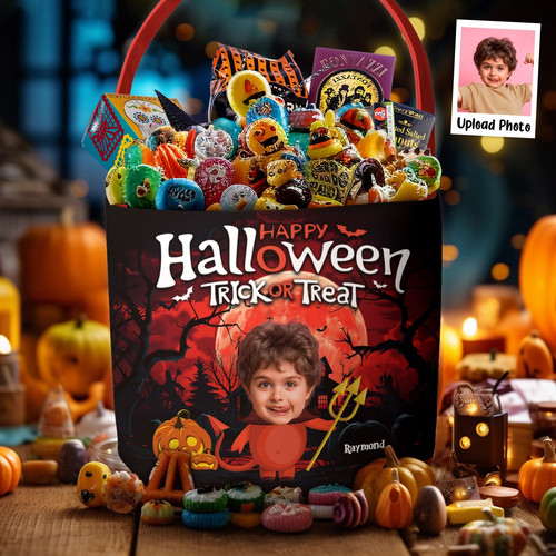 Halloween candy basket with custom child photo and name, orange jack-o'-lantern print with handle for trick-or-treating | Family Wall Decor