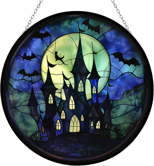 Spooky haunted castle stained glass suncatcher, personalized with name; Halloween window decor for indoor room in gothic style | Familywalldecor
