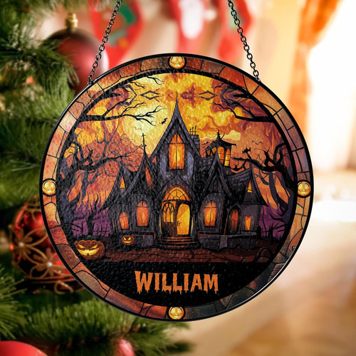 Halloween stained glass suncatcher personalized with name, black cat design, hanging window decor for patio and garden | Familywalldecor