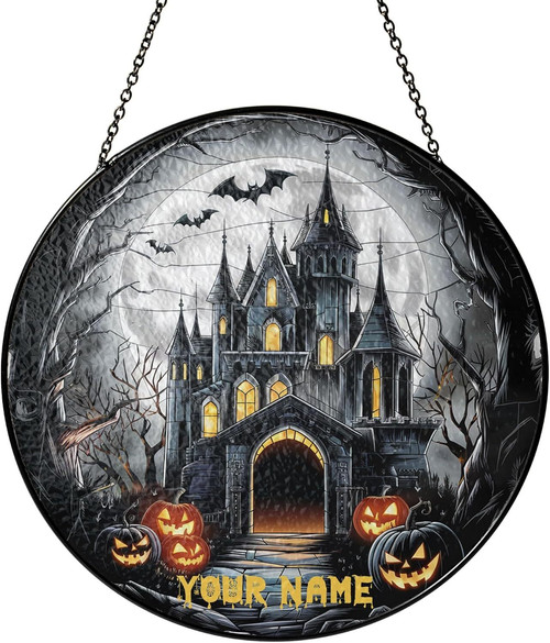 Halloween suncatcher stained glass with pumpkin and haunted house, personalized name, window decor for a spooky glow | Familywalldecor