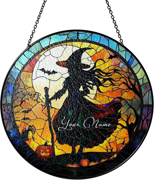 Halloween witch window suncatcher featuring a spooky witch design, custom hanging decor to cast festive light on your windows | Familywalldecor