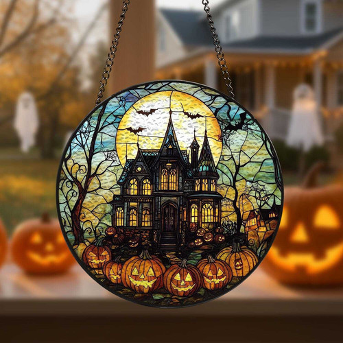 Halloween spooky pumpkin haunted house stained glass suncatcher with orange and black glass, sunlit glow for window decor | Familywalldecor