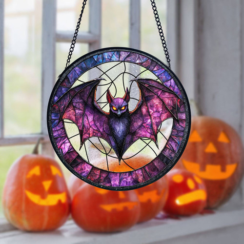 Halloween bat stained glass suncatcher casts moody light in windows, perfect gothic decor accent for dark aesthetic homes | Familywalldecor