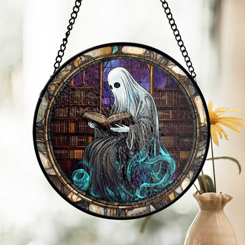 Ghost reading stained glass suncatcher with open book, Halloween window decor for book lovers and cozy library or reading nook | Familywalldecor