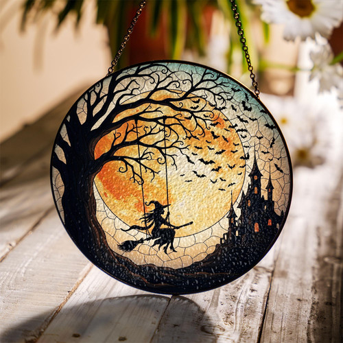 Halloween witch suncatcher in gothic stained glass, purple-green robe and crescent moon, window decor for haunted homes | Familywalldecor
