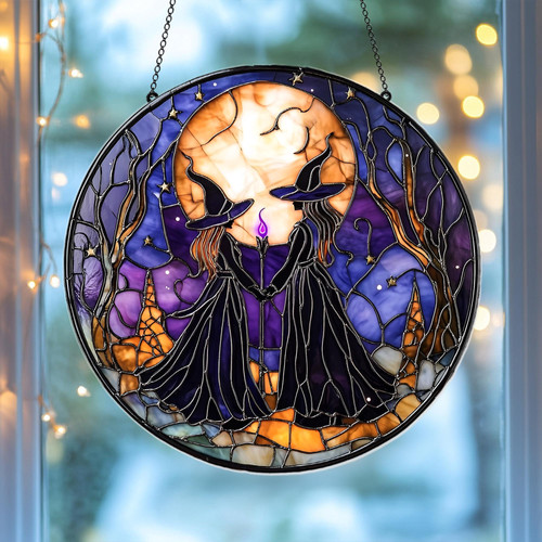Halloween witch stained glass suncatcher window hanging for gothic decor, leaded glass silhouette catching sunlight indoors | Familywalldecor