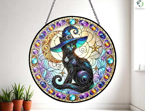 Wiccan black cat stained glass suncatcher for witchy Halloween decor, hanging window charm and unique gift for her | Familywalldecor