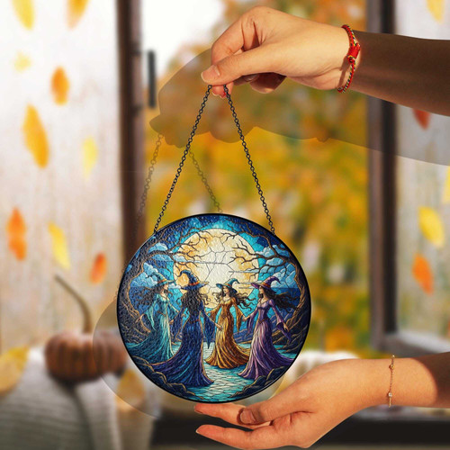 Witches dancing forest stained glass suncatcher window hanging, Halloween decor scene, magical woodland gift for her | Familywalldecor