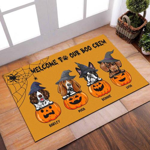 Halloween doormat with ghost and pumpkin Boo Crew design for dog lovers, trick-or-treat entryway and front porch decor | Familywalldecor
