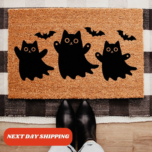 Cat ghost Halloween doormat, cute coir front door mat for cat moms, spooky porch décor, natural brown with black print | Familywalldecor