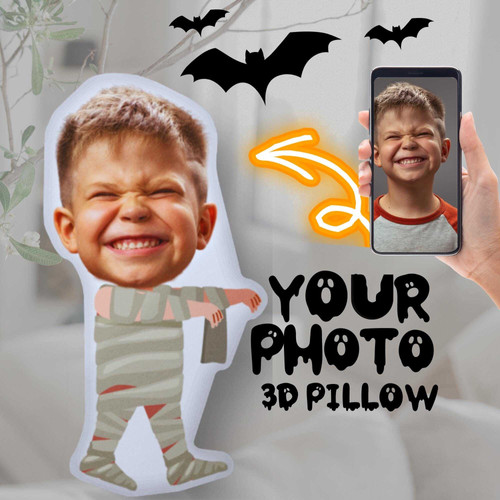 Halloween 3D face pillow, personalized with your photo, soft funny throw for kids and adults, playful couch or bed decor | Familywalldecor