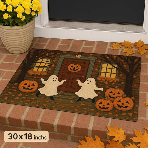 Cute spooky ghost pumpkin outdoor doormat for trick-or-treaters, Halloween porch decor to welcome guests on fall nights | Familywalldecor
