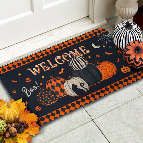 Fall Halloween doormat, outdoor welcome mat rug for front porch entry, festive seasonal decor in autumn tones, rectangular | Familywalldecor