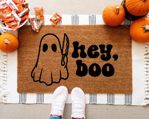 Halloween doormat with cute ghost and 'Hey Boo' text, fall welcome mat for front porch entryway decor, playful and inviting | Familywalldecor