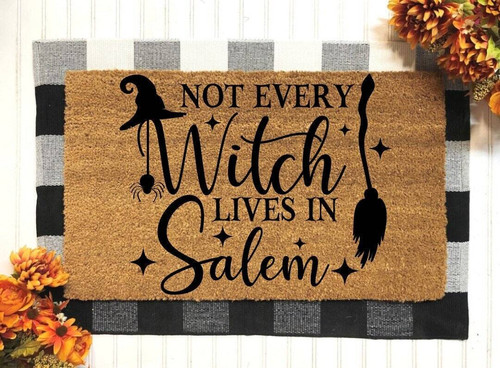 Halloween witch doormat with playful witch hat graphic, funny fall porch decor for outdoor entryway or front door | Familywalldecor