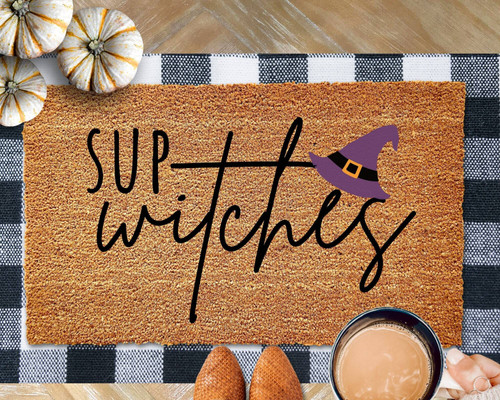 Witch-themed Halloween doormat with a funny welcome message for fall porch decor and front door entryway seasonal charm | Familywalldecor