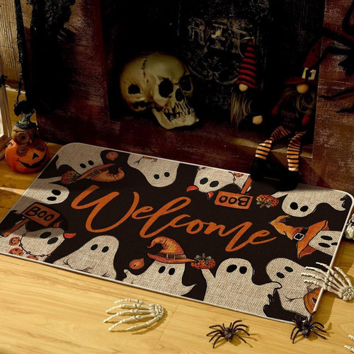 Halloween ghost doormat with Boo welcome message for indoor outdoor entryway, a spooky accent mat to greet visitors. | Familywalldecor