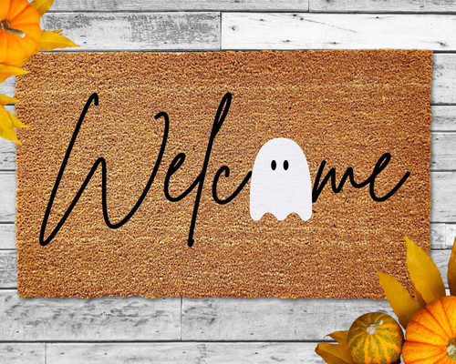Halloween ghost doormat with playful 'Boo' text, funny welcome mat for outdoor front porch and entryway spooky season decor | Familywalldecor