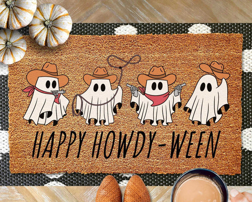 Ghost cowboy Halloween doormat welcome mat for entryway, funny fall front door decor with western ghost and playful greeting | Familywalldecor