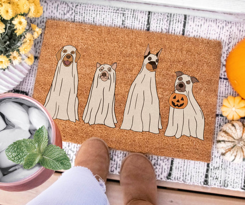 Ghost dog Halloween doormat with cute cartoon pup in ghost costume, fun fall porch decor for dog lovers and spooky entryways | Familywalldecor