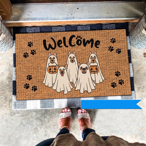 Ghost dogs Halloween doormat with spooky Welcome text, funny entryway decor for dog lovers, perfect for front porch or foyer | Familywalldecor