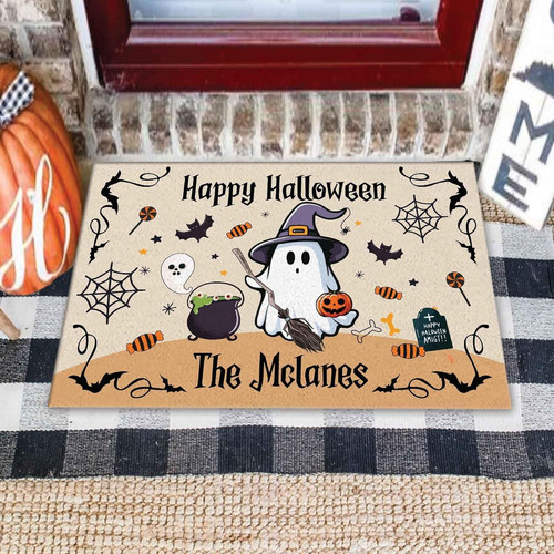 Ghost Halloween doormat personalized with family name for outdoor entryway, spooky front porch rug decor for patio. | Familywalldecor