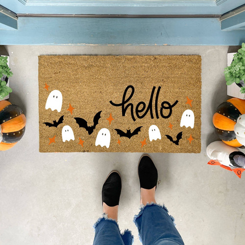 Bat & Ghost Halloween doormat with spooky motifs for front porch entryway, festive fall outdoor decor for Halloween lovers | Familywalldecor