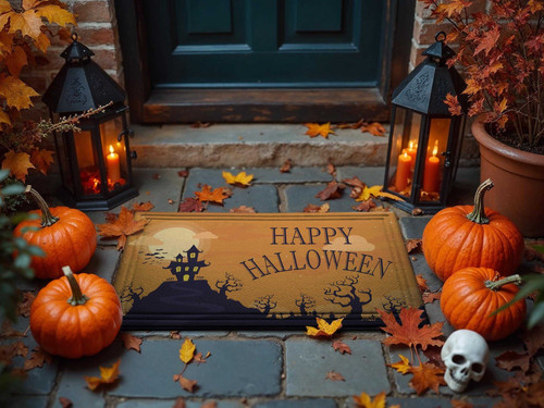 Halloween ghost house doormat with pumpkins, recycled rubber funny welcome mat for front porch entryway in black and orange | Familywalldecor
