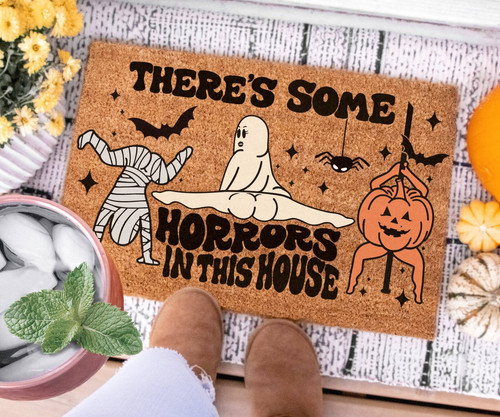 Halloween ghost pumpkin doormat for front door, spooky season entry mat with cute ghost and jack-o’-lantern graphic | Familywalldecor