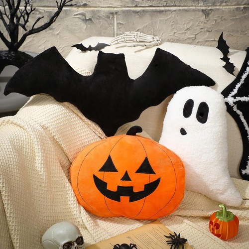 Halloween throw pillow set with pumpkin, ghost, and bat shapes in crystal velvet for couch or bed seasonal decor | Familywalldecor