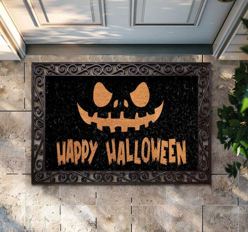 Halloween spooky pumpkin doormat with welcome message for autumn entryway, perfect for porch and patio seasonal decor | Familywalldecor