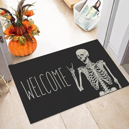 Halloween skeleton doormat for entryway, farmhouse welcome mat for indoor outdoor use, spooky party theme rug for porch | Familywalldecor