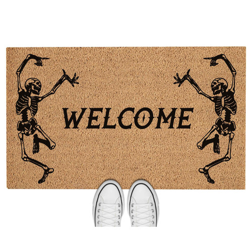 Halloween skeleton welcome doormat for vampire and pumpkin decor, spooky fall front porch mat, great Halloween gift for hosts | Familywalldecor