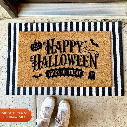 Cute Halloween doormat for front door with Trick or Treat text and pumpkin accents, entryway decor for Halloween party | Familywalldecor