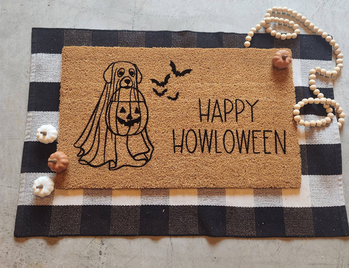 Happy Howloween dog doormat with ghost pup design, natural coir welcome mat with black script and paw prints for entryway | Familywalldecor