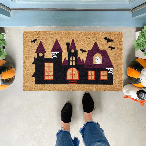 Ghostly haunted house doormat for Halloween lovers, large outdoor welcome mat for front porch entryway spooky door decor | Familywalldecor