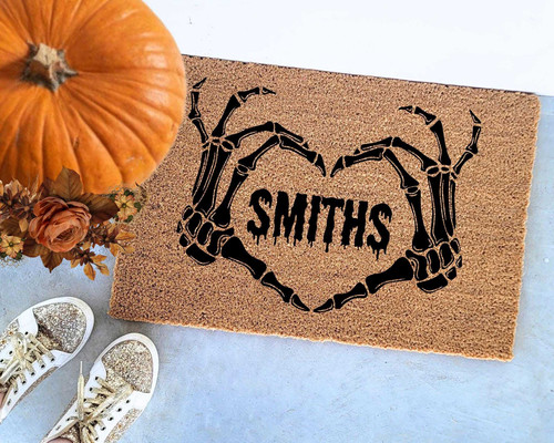 Skeleton hands forming a heart doormat for Halloween, indoor/outdoor mat for fall porch decor, welcome mat for front door | Familywalldecor
