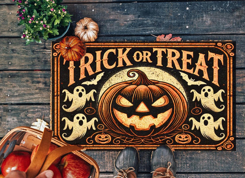 Hello Pumpkin Halloween doormat in coir with black script and pumpkin icon, rectangular mat for front door trick-or-treat | Familywalldecor