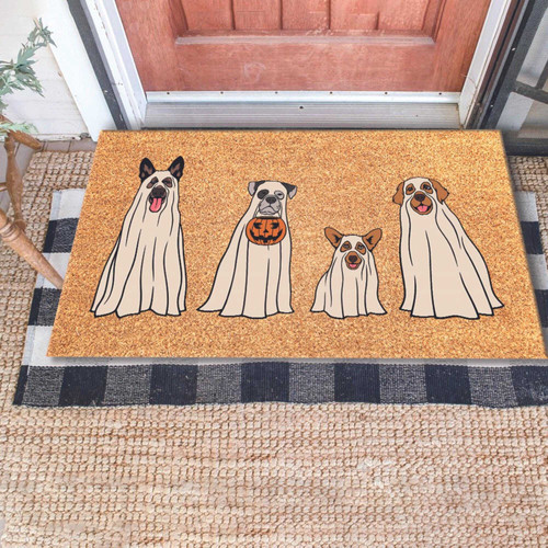Dog ghost Halloween doormat with personalized pet name, playful fall welcome for dog lovers, tan coir porch mat | Familywalldecor