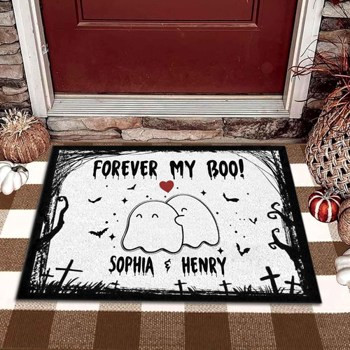 witch-themed Halloween doormat with witch hat graphic and 'Forever My Boo' script for porch decor, personalized family name | Familywalldecor