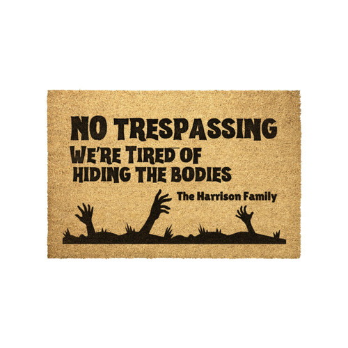 Halloween doormat with No Trespassing warning in black on coir, bats and webs, personalized family name for entryway | Familywalldecor