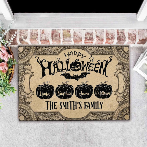 Halloween door mat, witch-themed with pumpkin family artwork, personalized with family name for outdoor porch entryway decor | Familywalldecor