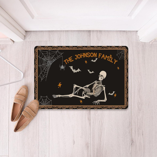 Skeleton Halloween doormat, funny welcome mat with waving skeleton graphic and punny greeting for outdoor front door entry | Familywalldecor