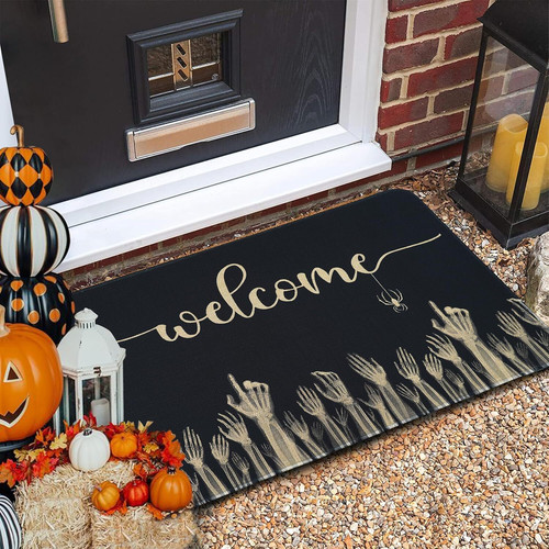 Skeleton Halloween doormat, outdoor welcome mat with spooky skeleton graphic for porch or patio, fall entryway accent rug | Familywalldecor