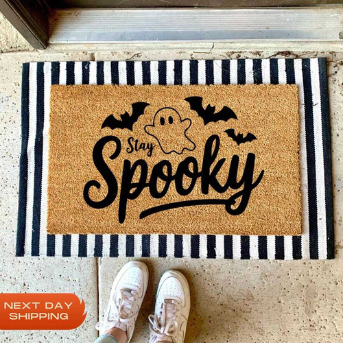 Halloween ghost doormat with 'Stay Spooky' lettering for front door decor, horror theme entryway mat, rectangular design | Familywalldecor