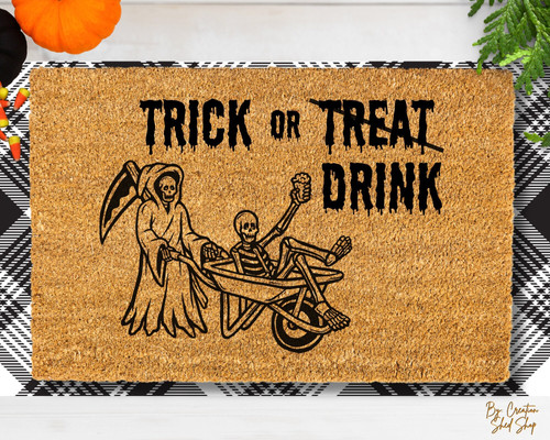 Trick or Drink Halloween doormat for entryway, funny party welcome mat for adult Halloween decor to greet guests at the door | Familywalldecor