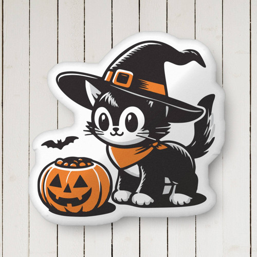 Witch cat Halloween pillow, cat-shaped throw with witch hat and curled tail, soft spooky-season accent for couch or bed decor | Familywalldecor