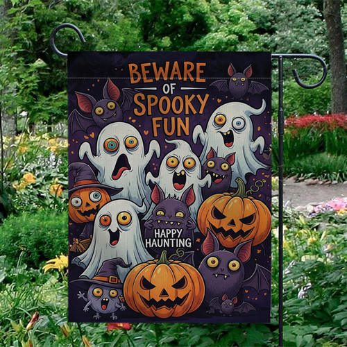Halloween garden flag with cute ghost and pumpkin, 'Beware' text, whimsical yard decor for outdoor seasonal greeting | Familywalldecor