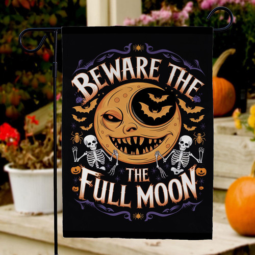 Beware the Full Moon garden flag with witchy Halloween design for spooky fall yard decor, vertical outdoor seasonal accent | Familywalldecor